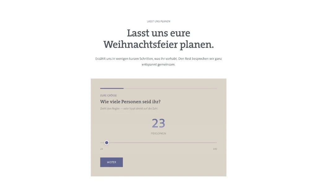 Anfrage-Funnel Schritt 1 — Gästeanzahl auf der Weihnachtsfeier-Landingpage
