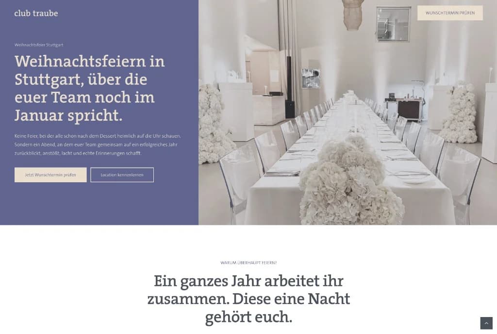 Weihnachtsfeier-Landingpage club traube — Hero-Bereich