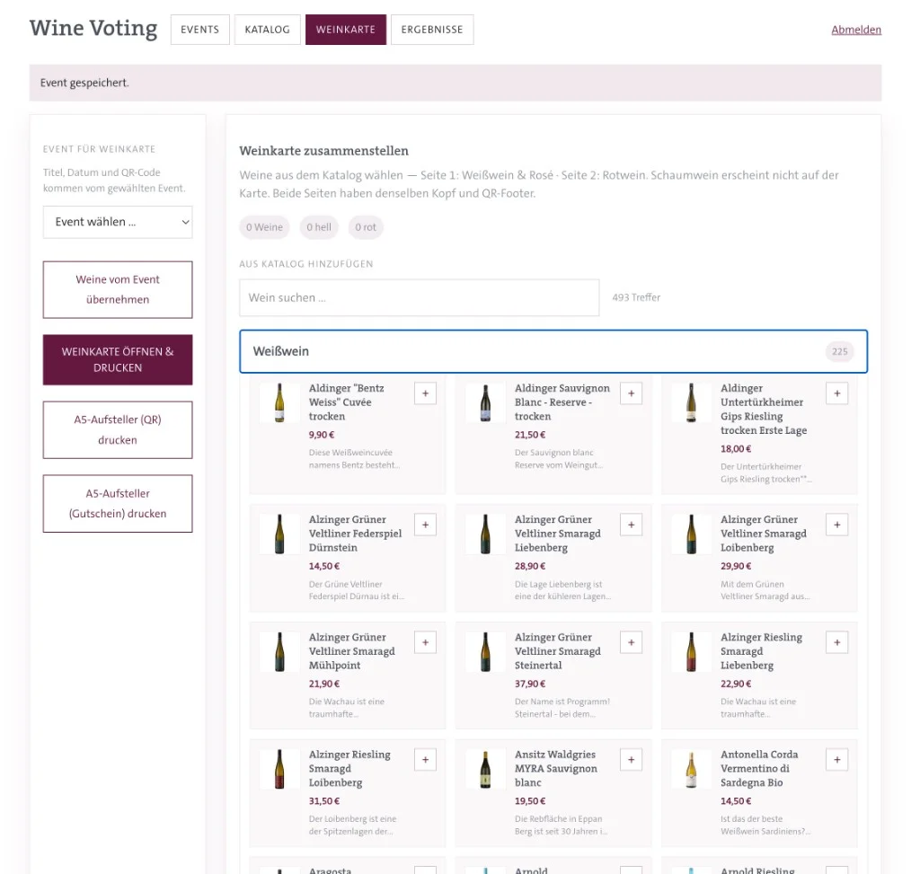 Wine Voting Admin — Weinkarte für Events zusammenstellen